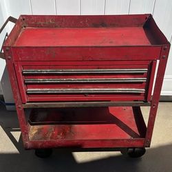 Matco Rolling Tool Cart — 3 Drawers, Top Tray, Bottom Shelf, Red Steel