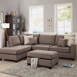 Brand New Mocha Sectional Sofa With  Storage Ottoman