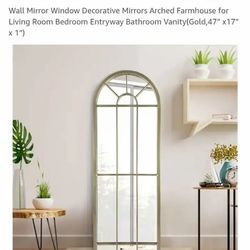 NEW-Wall Mirror Window Decorative Mirrors Arched Farmhouse for Living Room Bedroom Entryway Bathroom Vanity(Gold,47” x17” x 1”)..... NEW IN BOX
