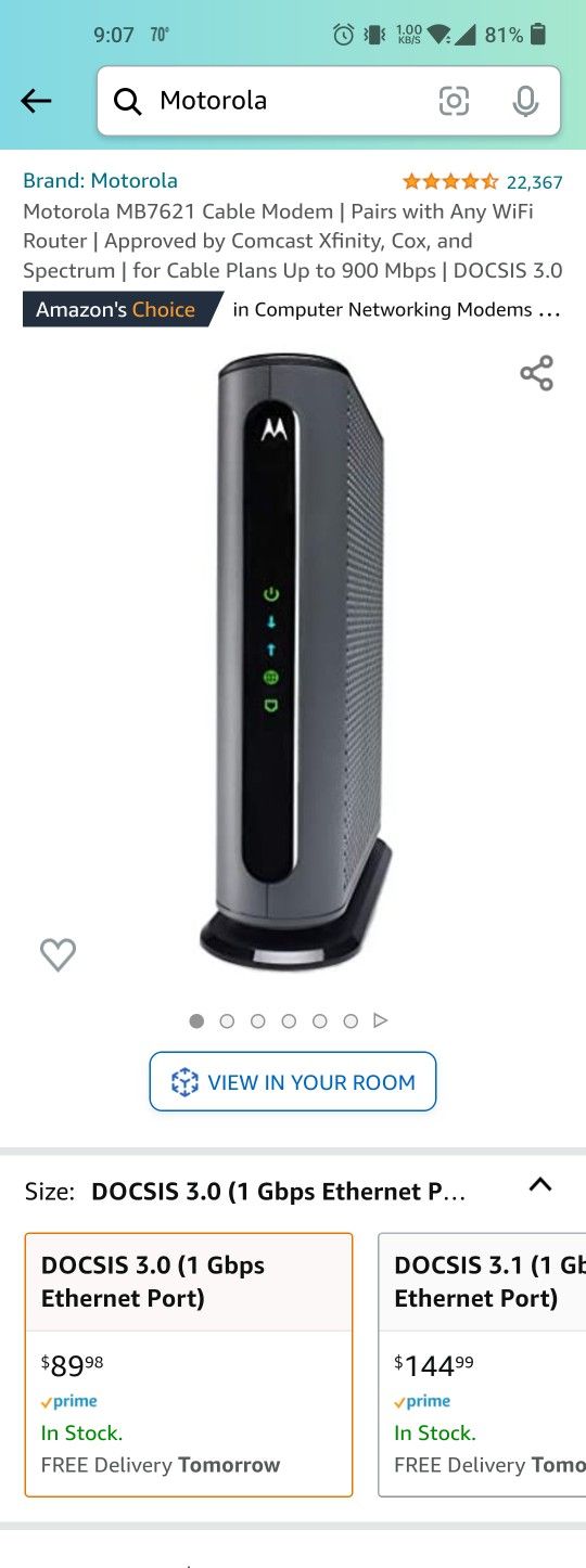 Motorola MB7621 Cable Modem 1000mbps download 24x8 channel download