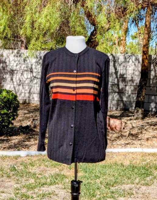 VTG Adolfo Striped Lamb's Wool/Acrylic Cardigan Sweater w/Pockets Button-Up EUC