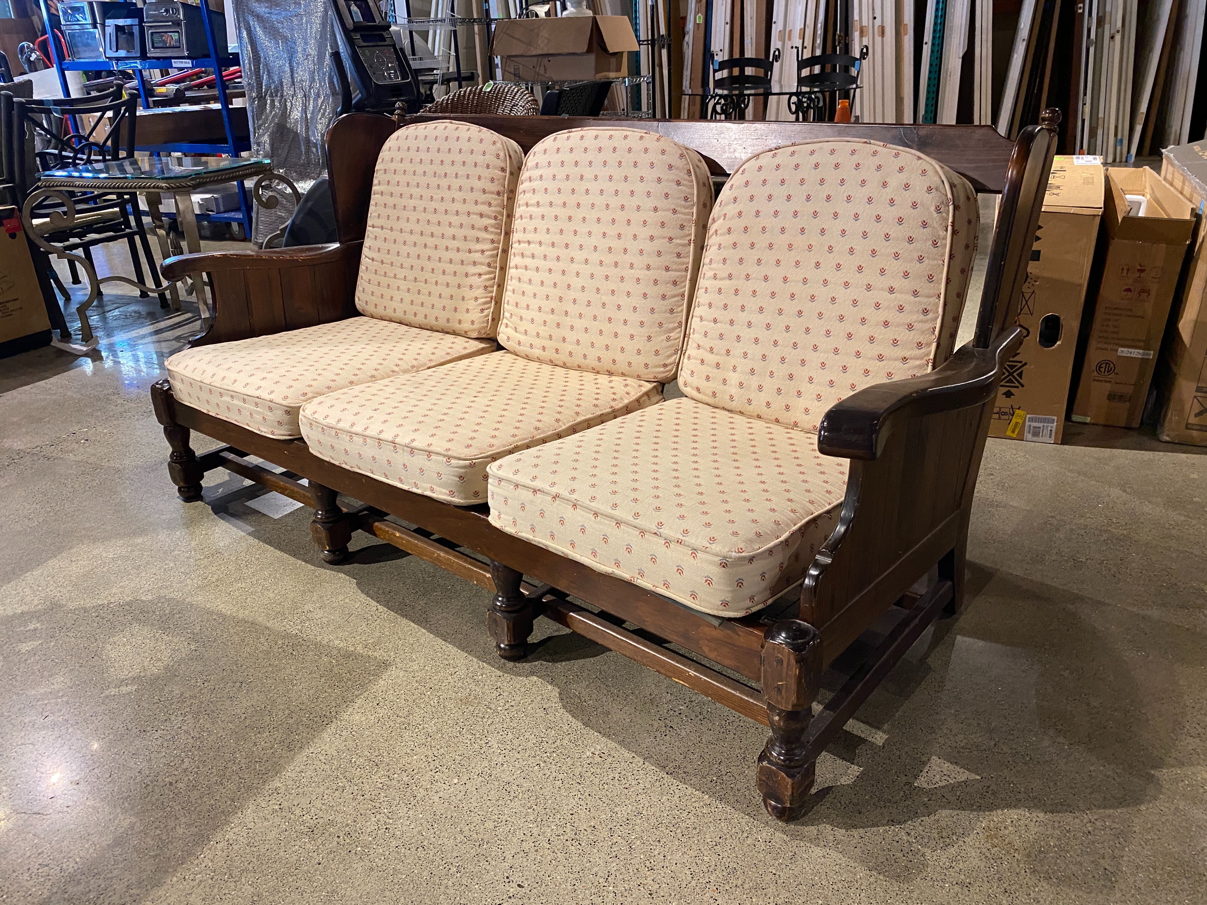 Antiqued Pine Old Tavern Frame Three Seater Sofa with Off White Cushions