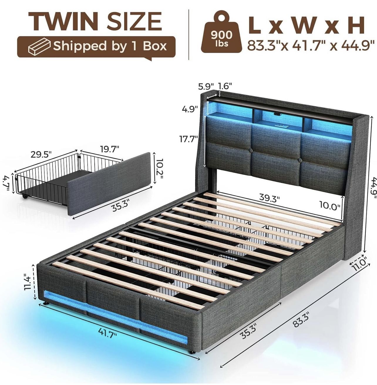 Twin Size Bed Frame with LED Lights and Charging Station, Upholstered Bed Storage, New