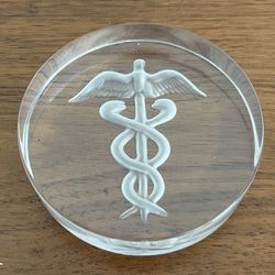 Glass Paperweight With Caduceus Symbol