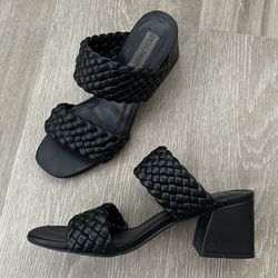 Steve Madden Tielo Woven Braided Heeled Sandals Block Heel Slip On Black 
