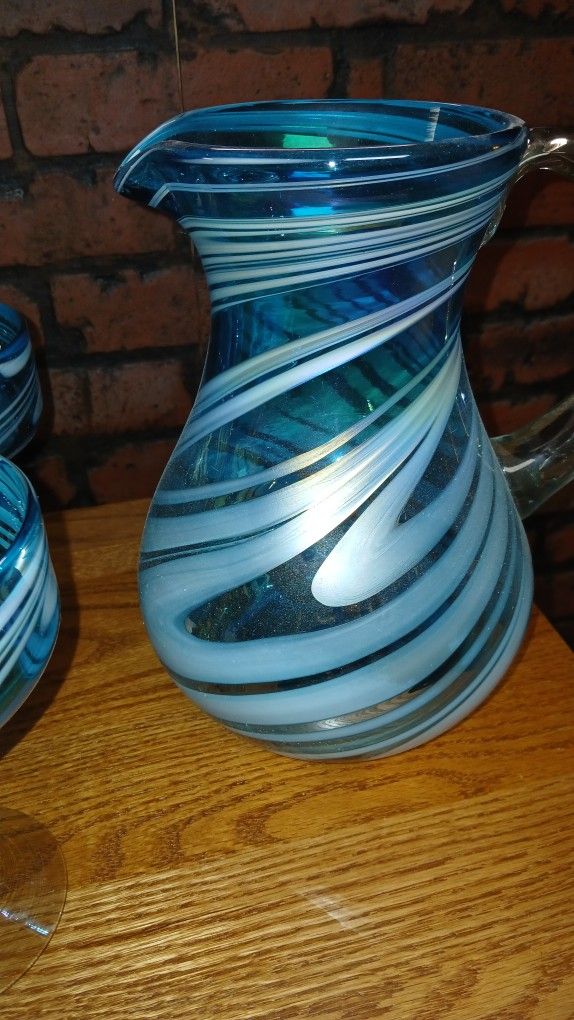 Hand Blown Mexican Glass Pitcher with 4 Maragarita Glasses