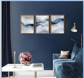 New set of 3 paintings canvas prints blue abstract wall art