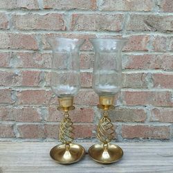 Vintage Brass Hurricane Lamp/Etched Glass Globe