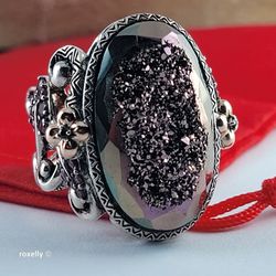 925 Sterling Silver & 18K Solid Yellow Gold, Plum Color Druzy Quartz, Tourmaline and Sapphire Ring Size 7! 👌🎁Post Tags: Anillo de Plata y Oro