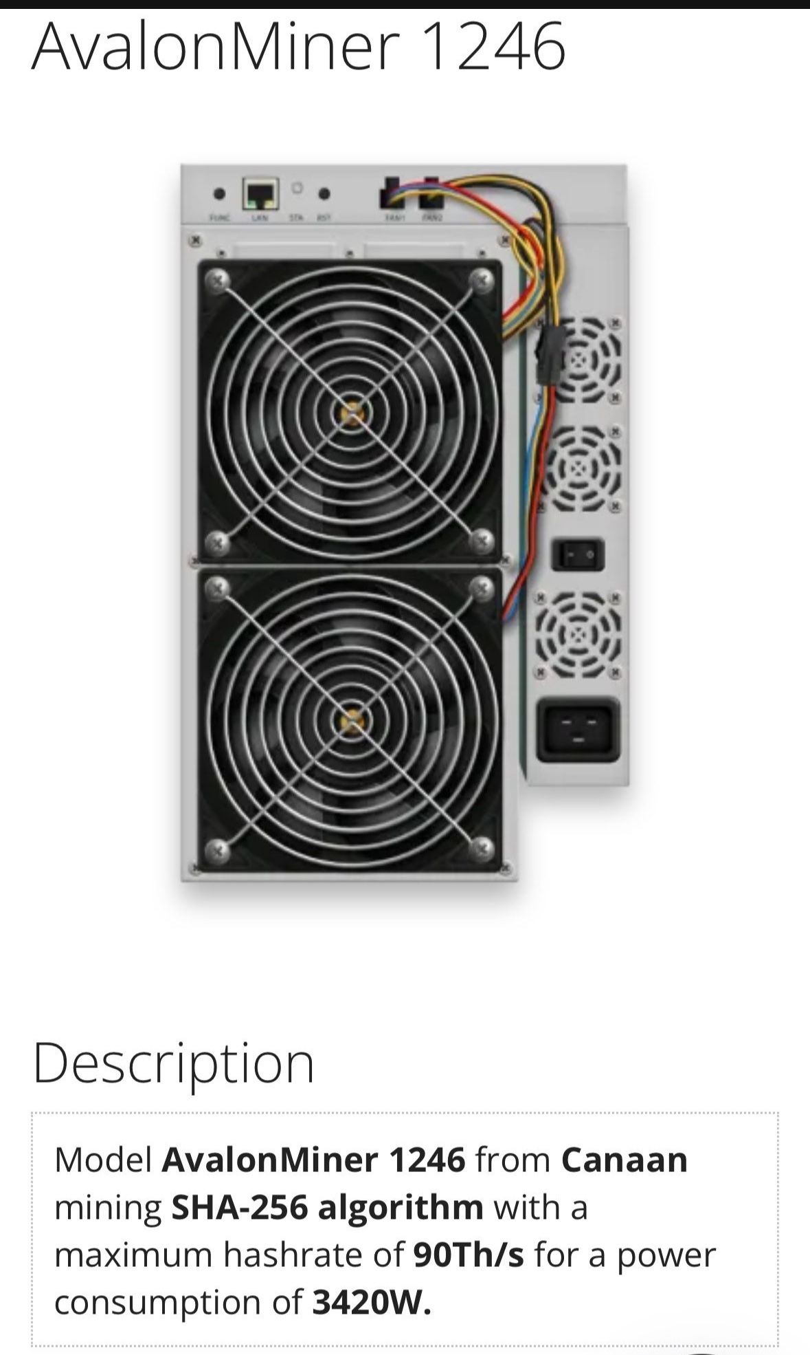 Canaan Avalon 1246 Bitcoin Miner $500