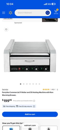 PartyHut Commercial 11 Roller and 30 Hotdog Machine with Bun Warming Drawer, worth $240