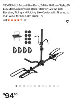 VEVOR Hitch Mount Bike Rack, 2-Bike Platform Style, 80 LBS Max Capacity Bike Rack Hitch for 1.25-/2-inch Receiver, Titling and Folding Bike Carrier wi