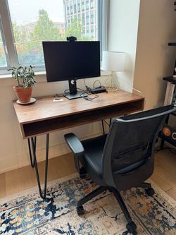 Desk, chair, monitor, webcam