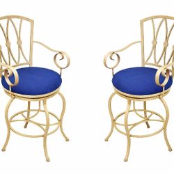 Set of 2 Elegant Swivel Bar Stools – Gold Metal & Blue Upholstery