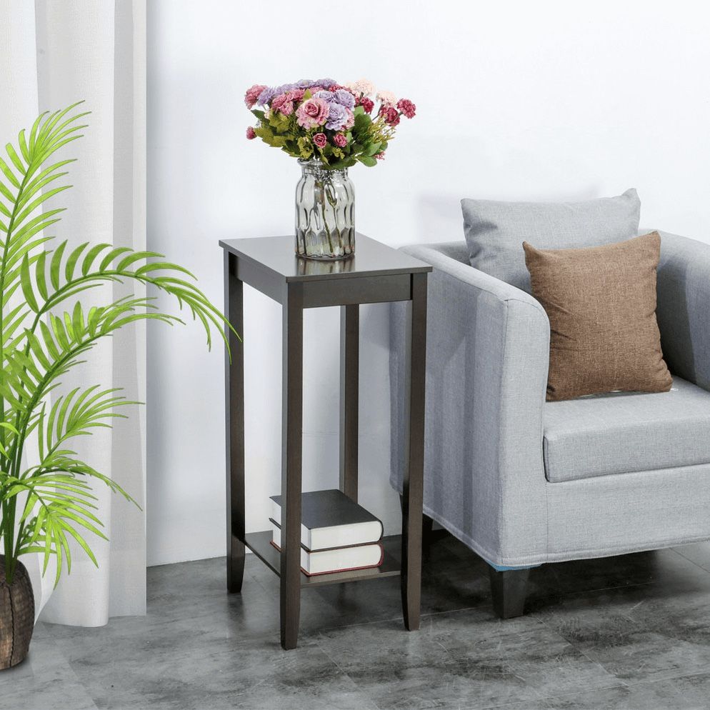 2 Tier Wood Tall End Table Sofa Side Snack Table Multipurpose Small Table for Living Room, Dark Coffee