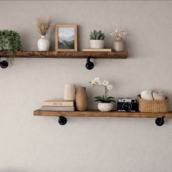 Wooden Shelves With Industrial Pipe Decor 