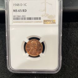1948 D Gem Uncirculated Lincoln Wheat Penny Graded At MS65 Bright Red C-3