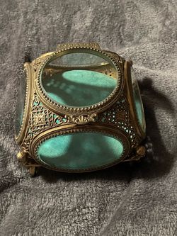 Vintage Ornate Jewelry Casket / Trinket Box with Cherub Feet and Beveled Glass Panels