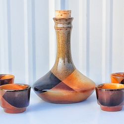 McM 1970s Mid Century Modern POTTERY CRAFT carafe W 4 Cups Set California Art Pottery