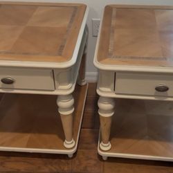 Two Nightstands Or End Tables Walnut & Beige