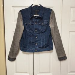 Calvin Klein Denim Jacket Womens Sz. L Button Dark Blue W/Gray Cloth Sleeves