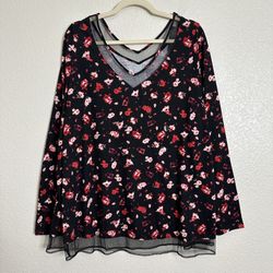NWT Lane Bryant Floral V-neck Mesh Trim Long Sleeves Top, Size 14/16