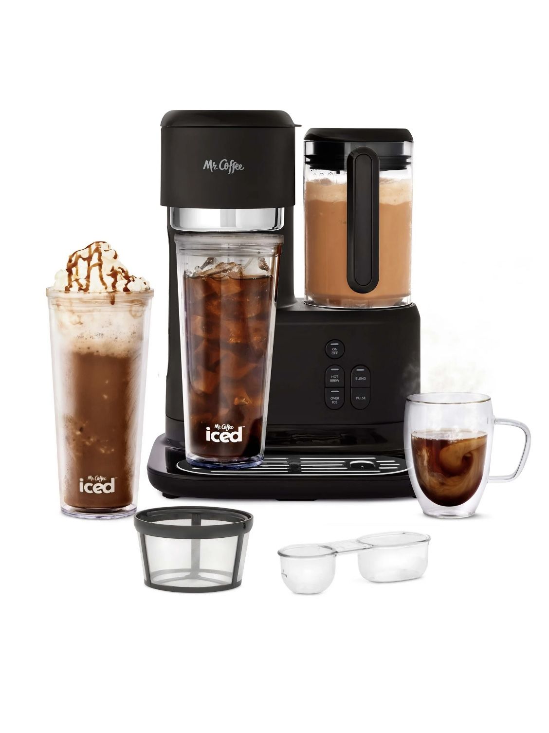 Mr. Coffee Single-Serve Frappe, Iced and Hot Coffee Maker and Blender Black with 2 To-Go Tumblers, Reusable Coffee Filter