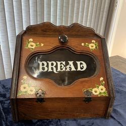Wooden Bread Box Hand Painted Flowers Stenciled Letters Hinged Door Rustic