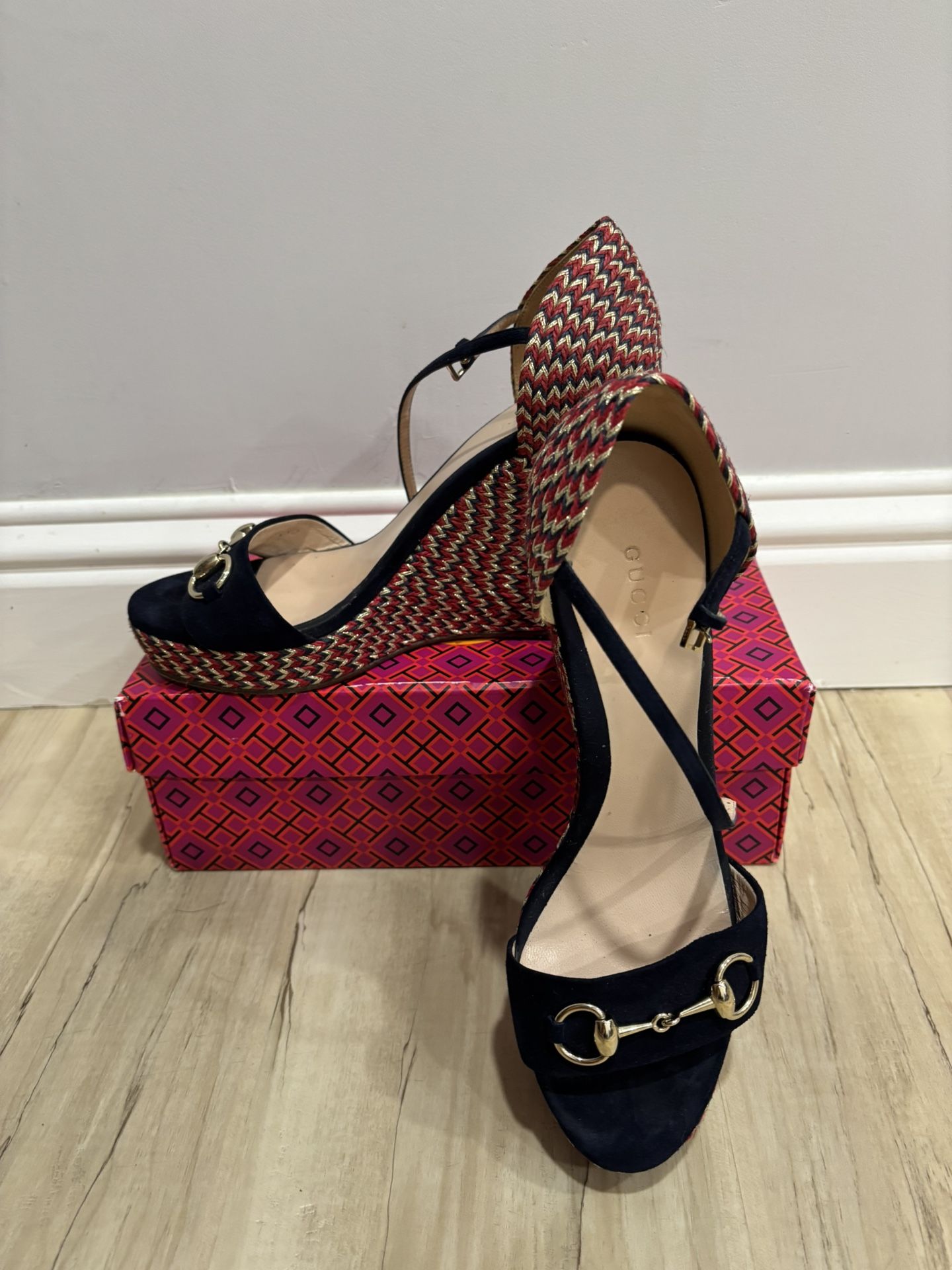 Gucci Espadrille Wedge Heel Red And Blue