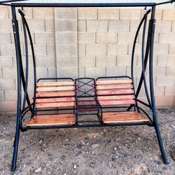 Patio Porch Wood And Metal Bench Swing With Middle Storage And Drink Holders