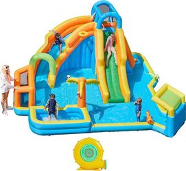 Inflatable Bounce House, 11-in-1 Outdoor Blow Up Water Slide Inflatable Bounce House w/ 2 Long Slides & Large Climbing Wall & Small Deeper Pool & Awni