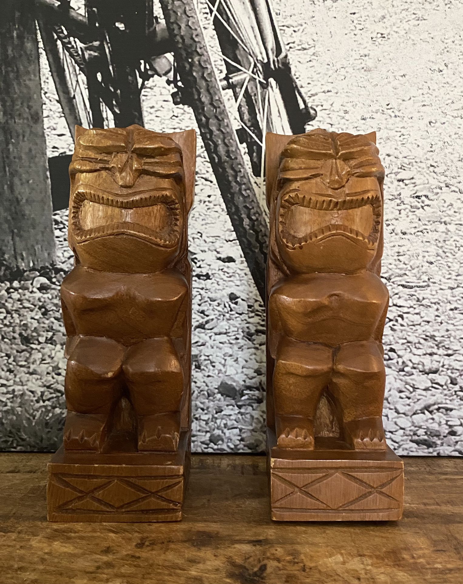 Vintage MCM Wooden Tiki Statues Book Ends