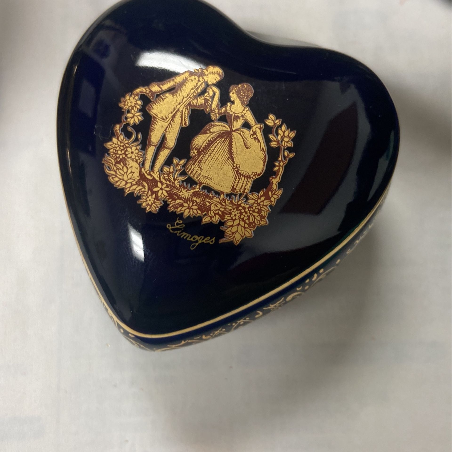 Vintage Limoges France Porcelain Heart Trinket Box Cobalt Blue 24k Gold Trim