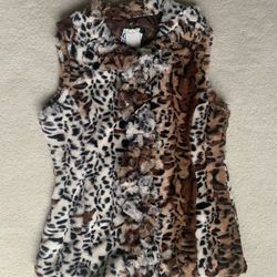 DAMSELLE NY  Leopard Cheetah Animal Print Ruffle Collar Front Faux Fur Lined Vest 2 Pockets Size Sz M 10 12  New NWT 
