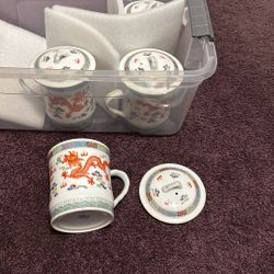 4 Dragon Tea Cups With Lids  New 