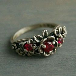 Vintage Old Red Rose Retro Antique Silver Ring - Size 8