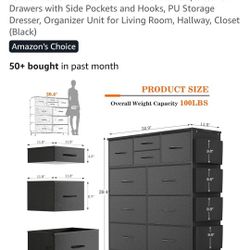 New Still  Box Dresser for Bedroom with 10 Drawers, Chest of Drawers with Side Pockets and Hooks, PU Storage Dresser, Organizer Unit for Living Room.