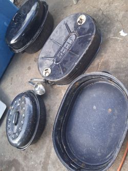 All for $50 Cheap!!! VINTAGE  1911 REED ENAMELWARE PAN SPECKLED WHITEⁿ ON BLUE THE REST ARE WHITE ON BLACK