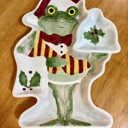 Vintage Boston Warehouse Ceramic Bulter Frog Christmas Tray Multicolor