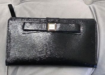 Kate Spade Black Bow Leather Wallet Snap Credit Card ID Holder Pockets Zip Up
