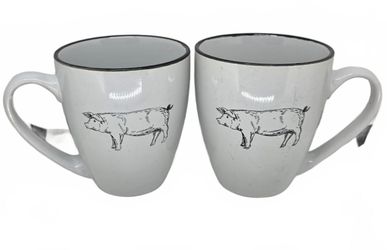 Set of 2 White Ceramic Coffee Mugs Pig Design Black Rim Farmhouse