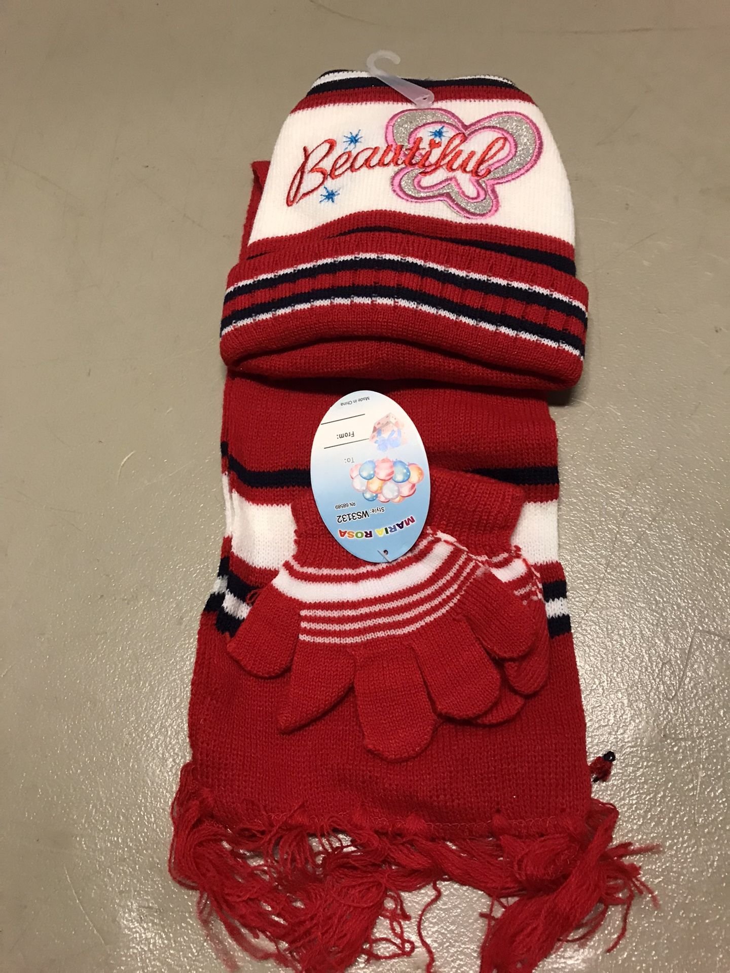 Girls Red Winter Scarf Mittens Beanie Set