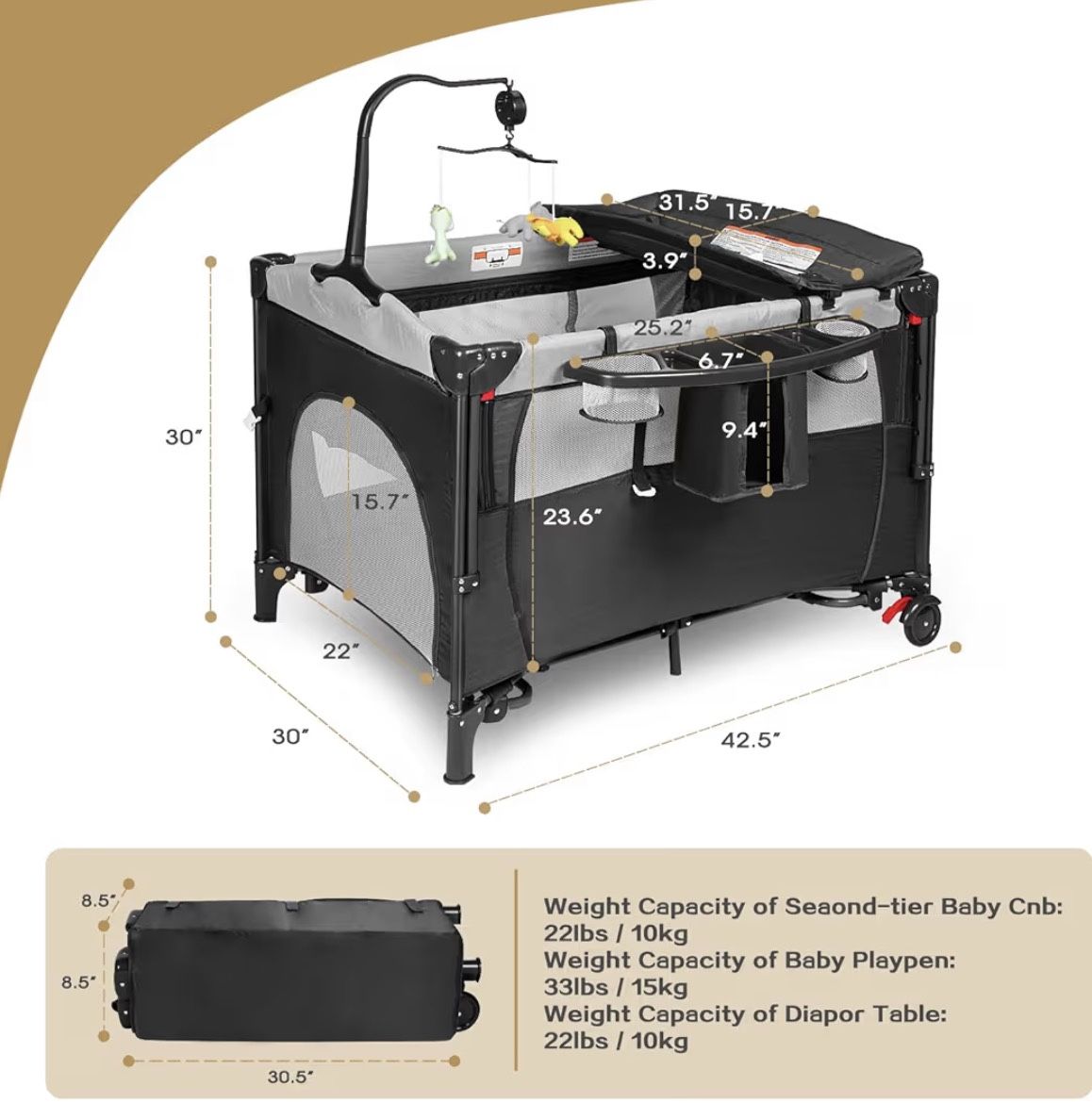 Baby Bassinet 5-in-1 Pack and Play Portable Crib Comes With Mattress