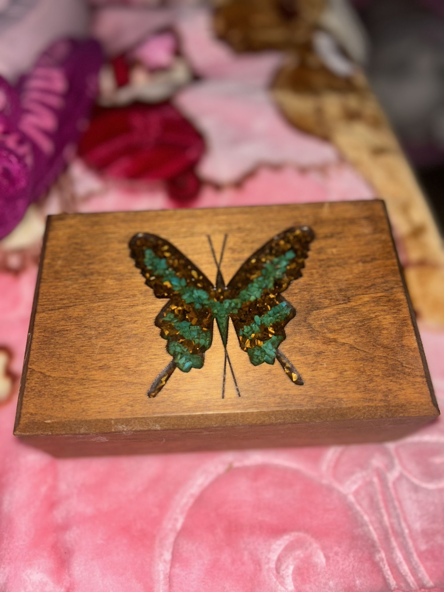 Resin Butterfly With Tigers Eye And Turquoise’s Crystals Wooden Jewelry Box 