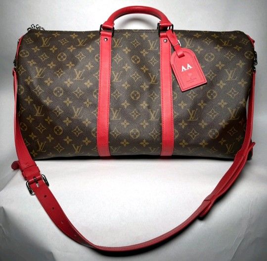 LOUIS VUITTON Keepall 50 Bandoulière Monogram Canvas Travel Bag Red RFID CHIP