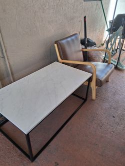 Mid century style brown faux leather chair and coffee table faux marble