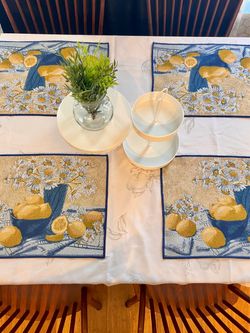 Mediterranean Grandma Core Tablescape with Placemats and lemon  Tablecloth