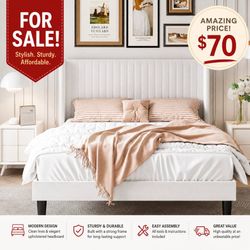 Labor Day Special Full Size Velvet Bed Frame, Tufted Wingback Headboard, White 4