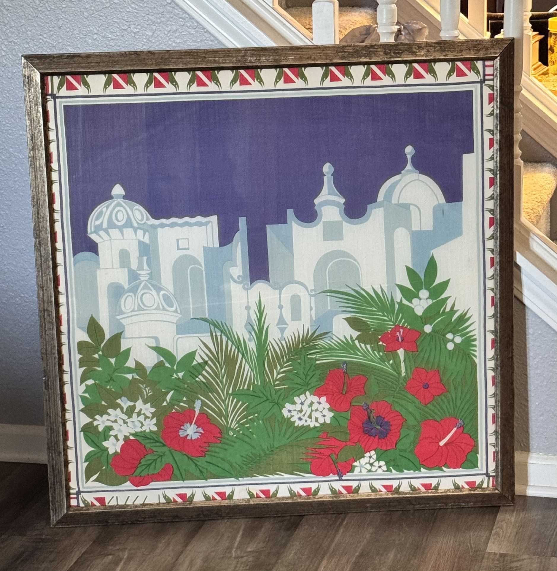 Large vintage handpainted framed scarf 