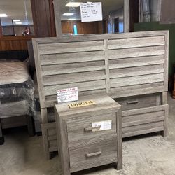 Queen size headboard, footboard rails, dresser, mirror, and nightstand for 999